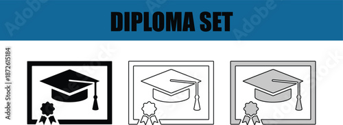 Set of graduation icons with caps and diplomas