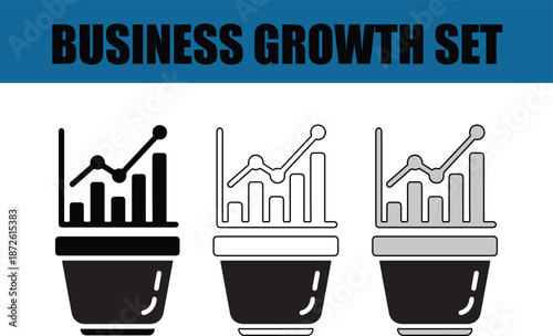 Set of pots with graphs for business growth