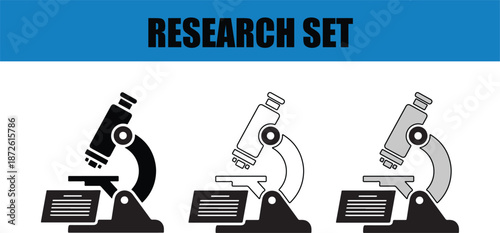 Set of microscope icons in black and white for science research
