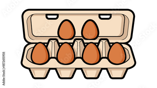 This clean and modern flat illustration showcases a cardboard egg carton filled with six fresh brown eggs, with two eggs appearing as though they are placed in the upper lid for a balanced visual comp