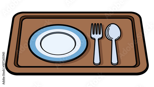 This illustration presents a structured and minimalist table setting neatly arranged on a brown rectangular serving tray.