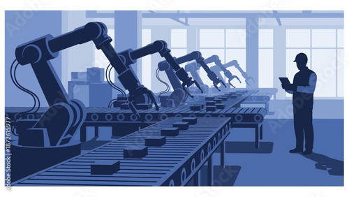 This illustration depicts the atmosphere of a modern factory that integrates advanced robotic technology with human supervision