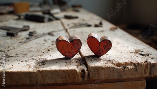 Two small, rustic wooden hearts rest upon a dusty, worn workbench in soft, focused light.