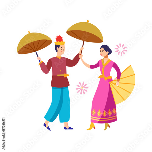 Illustration of a man and woman in traditional Indonesian or Malay attire, holding umbrellas, performing a cultural dance.