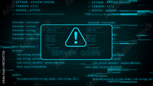Digital screen displaying computer code with a glowing cyan alert symbol and the text SERVERDOWN indicating a system error and network outage in a dark futuristic environment Keywords