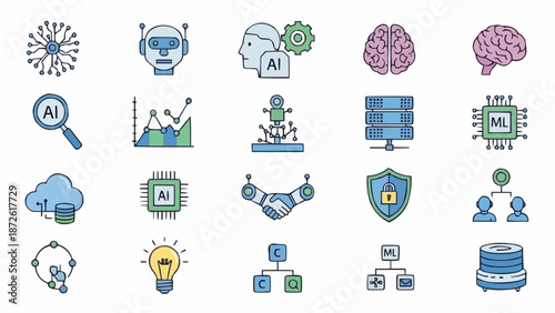 Artificial Intelligence Technology Icons Set Vector Illustration.