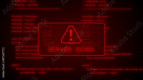 Digital screen displaying computer code with a glowing red alert symbol and the text SERVERDOWN indicating a system error and network outage in a dark futuristic environment Keywords