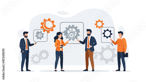 Teamwork and Collaboration: Business People with Gears Illustration