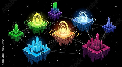 Interconnected Futuristic Cityscapes with Glowing Portals in a Dark Space.