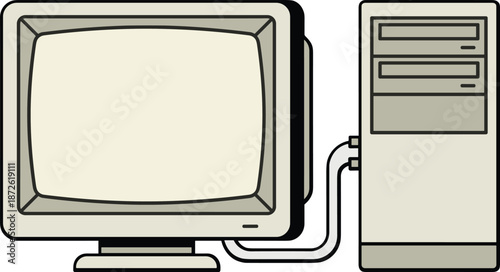 Vintage desktop computer illustration with CRT monitor and tower isolated on white background retro technology vector design