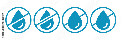 No water, gas, liquid, oil label vector icon set. Collection badge waterproof, water resistant, water protection, liquid proof, Shield with water drop. Anti wetting material, surface protection.