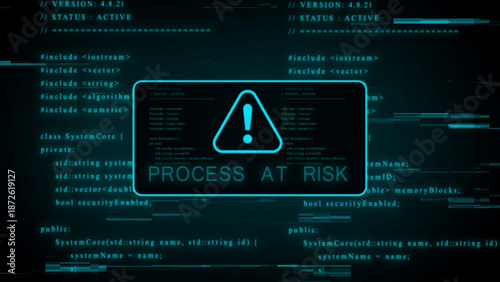 Futuristic digital interface with cyan glowing code and a warning alert for a process at risk, featuring glitch effects and a dark technological background symbolizing system vulnerability and data