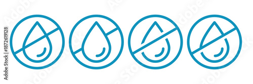 No water, gas, liquid, oil label vector icon set. Collection badge waterproof, water resistant, water protection, liquid proof, Shield with water drop. Anti wetting material, surface protection.