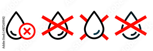 No water, gas, liquid, oil label vector icon set. Collection badge waterproof, water resistant, water protection, liquid proof, Shield with water drop. Anti wetting material, surface protection.