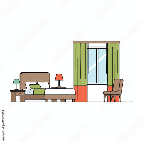 Cozy Bedroom Interior with Green Curtains