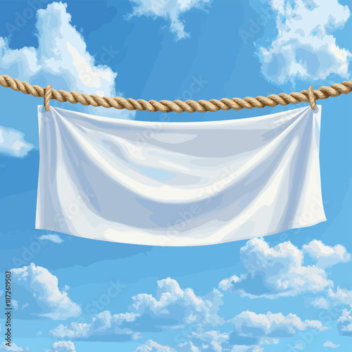 White banner stretched out on the ropes against the blue sky , vector style simple color
