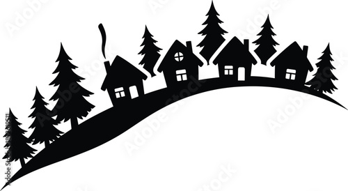 Winter village silhouette with houses and pine trees on curved hill isolated on white background minimalist vector illustration