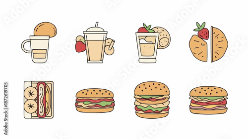 Collection of fast food and drink icons illustration.