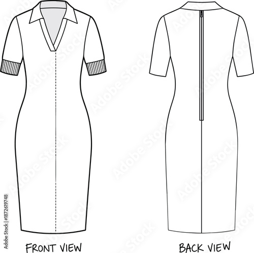 Women pencil dress technical drawing front and back view isolated on white background fashion apparel vector illustration design template mockup