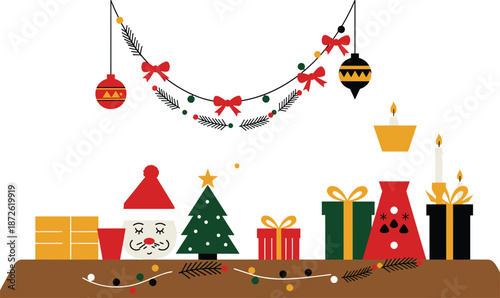 Christmas shelf decoration illustration, gift boxes, ornaments, Santa face, festive garland, holiday vector design, seasonal celebration symbol, cad sketch style