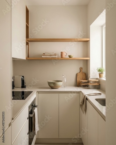 Small modern kitchen interior with neutral cabinet and wooden open shelf