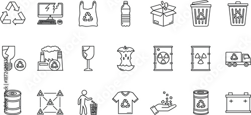 Collection of recycling and waste icons including hazardous materials and transport.