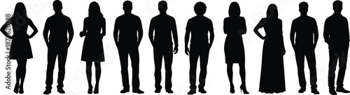 Diverse group of people silhouettes standing together in a line, representing unity and community.