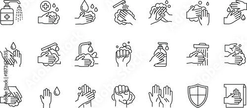 Hygiene and sanitation icons for hand washing and disinfection to prevent virus spread.