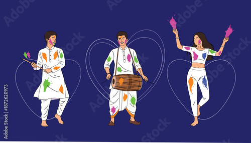 Happy Holi vector illustration with people in traditional dress dancing playing dhol drum and colorful neon paint splashes.