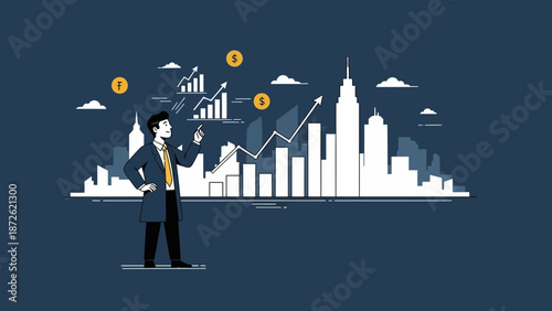 Businessman analyzing financial growth charts with city skyline and coins