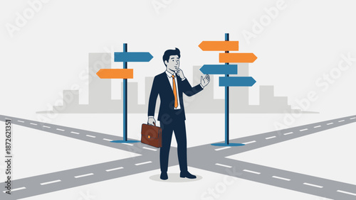 Businessman at crossroads with multiple directional signs, making a decision