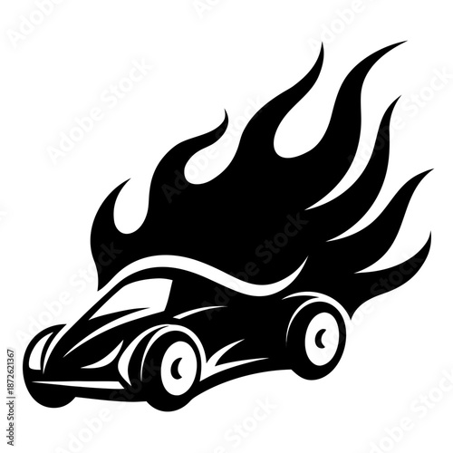 Black silhouette of a speeding car with flames