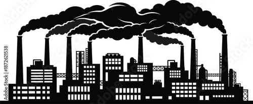 Industrial factory city silhouette vector illustration, heavy pollution smoke from chimneys, urban manufacturing skyline, environmental impact concept, black and white industrial landscape