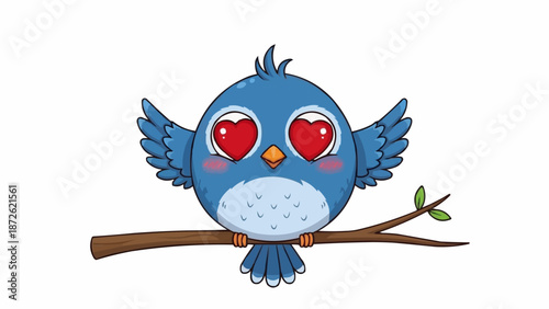 Cute blue cartoon bird with heart eyes sitting on a branch.
