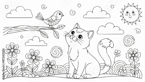 Cute cat and bird illustration for coloring book.