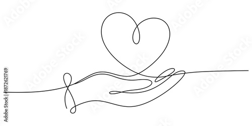 Minimalist one continuous line drawing illustration of a hand presenting a heart shape above it Vector, illustration