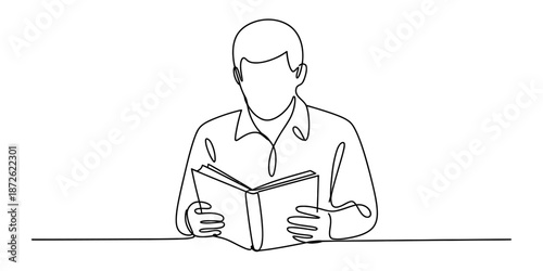 Continuous line art drawing of a man engrossed in reading a book for knowledge