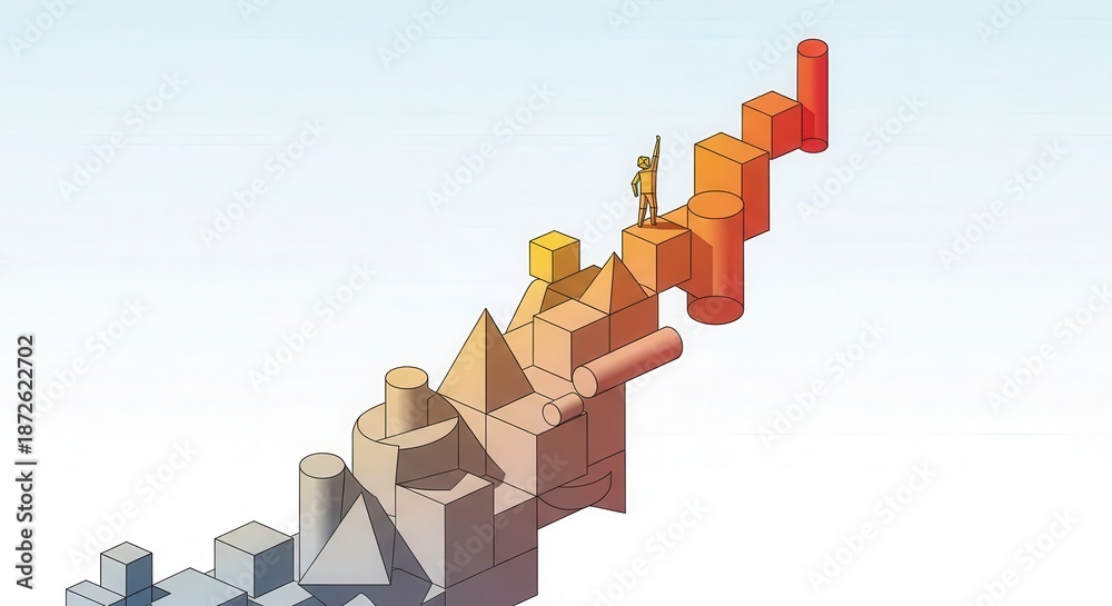 Fototapeta premium Small figure celebrates atop ascending structure composed of geometric blocks against pale sky