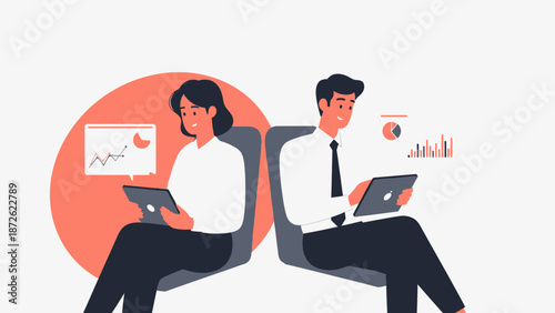 Business analytics concept: two professionals analyzing data on tablets, modern vector illustration
