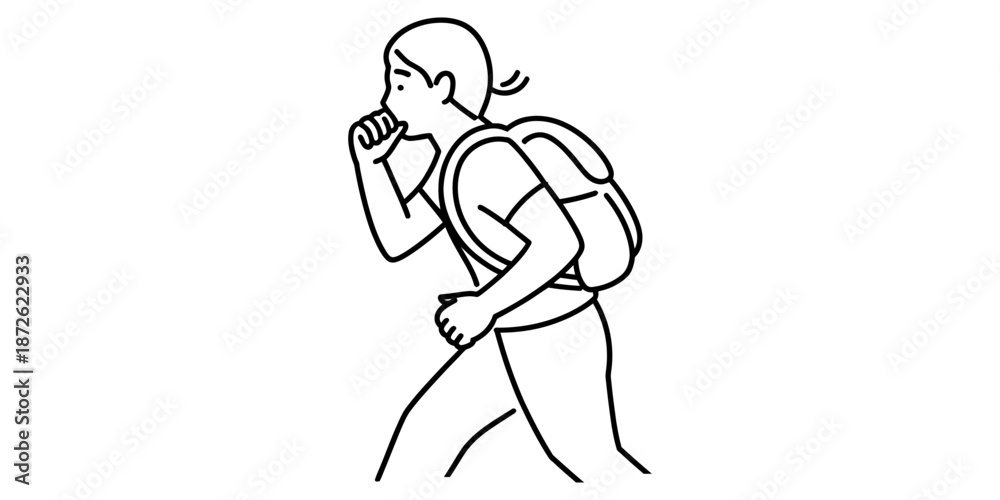 Fototapeta premium A person with a backpack covering their mouth while coughing or sneezing, showing illness prevention