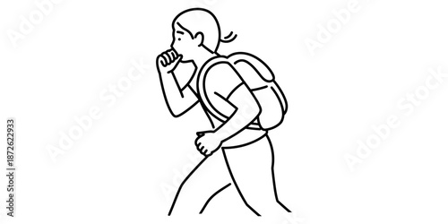 A person with a backpack covering their mouth while coughing or sneezing, showing illness prevention