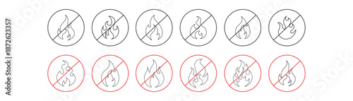 No fire restriction icon set. Stop fire icon. No campfires prohibited sign, no fire forbidden modern round sticker, No Fire Prohibited Safety Icon, Vector Illustration. eps10