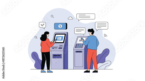 People use their smartphones to perform secure transactions at an ATM, illustrating modern digital banking and mobile payments.