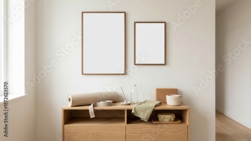 Yoga corner with two blank frame mockups on minimalist console