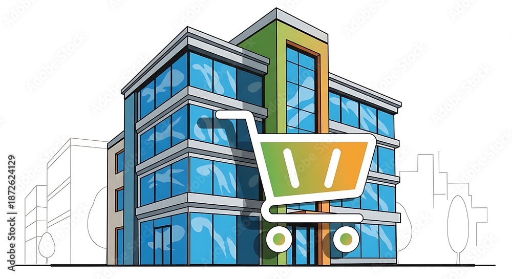Fototapeta premium Modern Office Building with Shopping Cart Illustration.