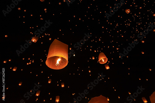 Floating lanterns take place during Thailand's Loi Krathong festival on the night of the full moon.