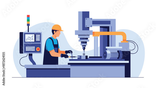 Male factory worker in a hard hat and uniform operating a CNC drilling machine on a production line in a manufacturing plant.