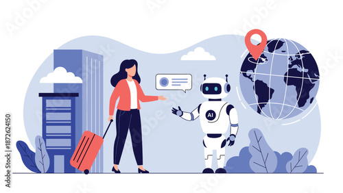 Female traveler with luggage getting directions from an AI robot assistant, showcasing futuristic technology for smart tourism and navigation.
