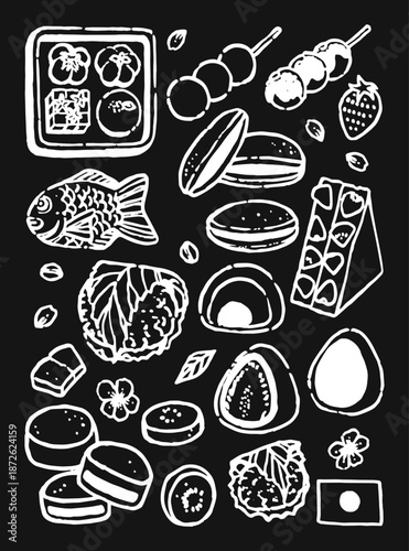 Line Hand drawn Japanese dessert. Vector illustration of Japanese dessert doodles naive art style on black background. Sketch street food. Sandwich, dango, taiyaki, daifuku, wagashi, dorayaki.