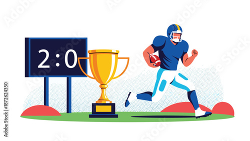 American football player running to score a touchdown during a championship game, with a large gold trophy and scoreboard nearby.